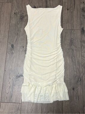 Cream mesh bodycon ruffle sexy going out date night high neck dress